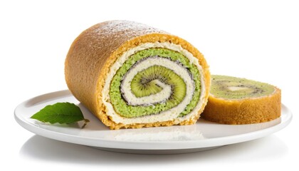 Sponge cake with pandan and vanilla flavors served on a plate.