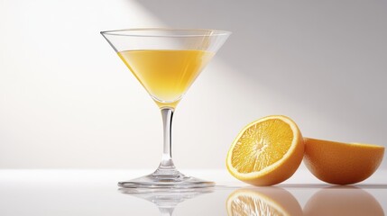 Orange juice in martini glass, sliced oranges, bright background; healthy drink advertisement