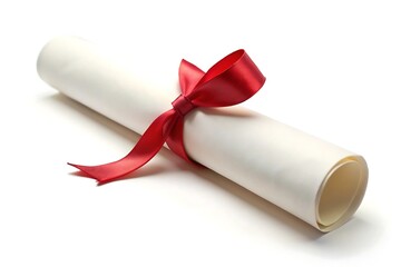 Rolled white paper document tied with a bright red satin ribbon  Photos, Standard Content, isolated Assets, isolated,  Horizontal,