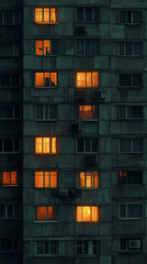Obraz premium Urban apartment facade at night with glowing orange-lit windows showing silhouettes and interiors, evoking mystery and warmth