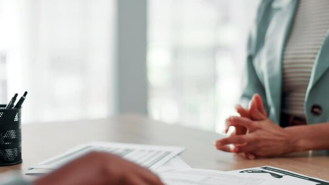 Business people, meeting and documents with handshake for signature, contract or agreement at office. Accountant, financial advisor or shaking hands with client for legal deal, loan or settlement