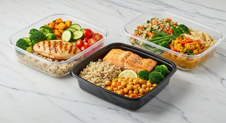 Prepared Healthy Meals in Containers with Chicken, Fish, and Vegetables