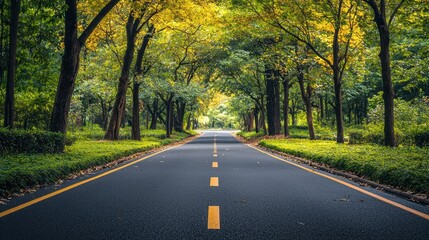 Fototapeta premium A road with trees on either side and a yellow line down the middle