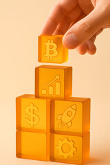 Building wealth in digital age — symbolic blocks with Bitcoin and financial icons forming investment structure
