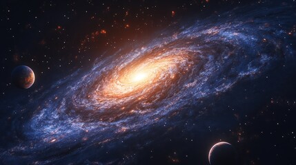A spiral galaxy with planets in a dark space background.