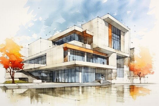A modern architectural watercolor rendering of a multi-story building with large windows and autumnal trees.