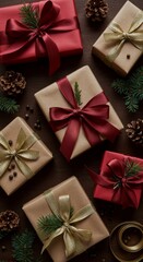 Festive Wrapped Gifts with Red and Gold Ribbons
