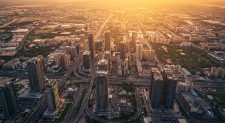 Obraz premium Aerial View of City at Sunset with Golden Hour Lighting