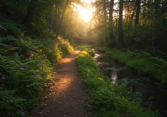 Obraz premium Sunlit Forest Path Beside a Gentle Stream