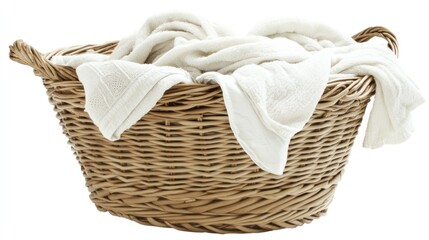 Wicker laundry basket filled with white towels
