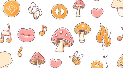 Cute pastel mushroom pattern, music notes, hearts; whimsical background, ideal for kids' products