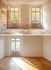 Before and after renovation of an empty room with windows and hardwood floors