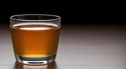Glass filled with amber liquid on a wooden surface against a dark background.