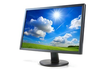 Fototapeta premium Computer monitor displaying a vibrant landscape with a blue sky and fluffy white clouds on a white background. Photos, Standard Content, isolated Assets, isolated, Horizontal,