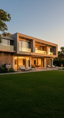 Modern Beige House with Pool at Sunset