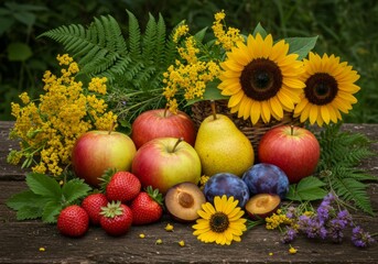 Summer Harvest Still Life: Apples Pears Plums Strawberries and Sunflowers