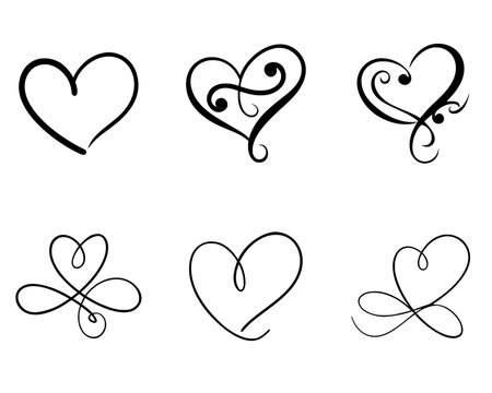 Collection of six vector heart designs with swirls and simple line art on a transparent background