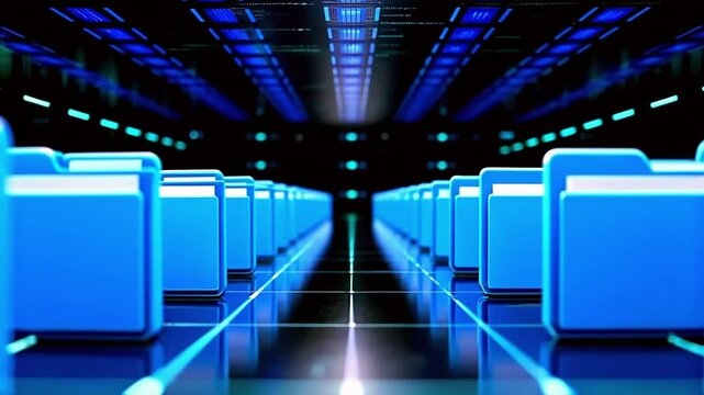 Advanced digital file storage system featuring glowing blue folders in a futuristic virtual data center, symbolizing data management, cloud computing, security