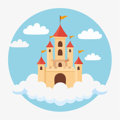 A floating castle in the sky surrounded by clouds.
