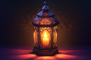 Ornate lantern with a lit candle inside, standing on a wooden surface against a dark, patterned background.