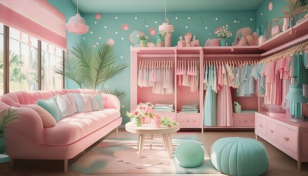 Kinderboutique mit pastellfarbener Kleidung und Bonbonsofa