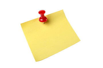 Yellow sticky post it note with red pushpin isolated on transparent background