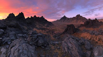 Fototapeta premium Sharp silhouette of jagged volcanic rocks during twilight