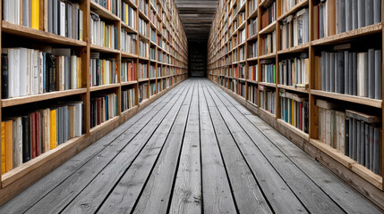 Obraz premium Vast library extending into the distance illustrating limitless creative potential of AI in literature