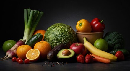 Assorted fresh fruits and vegetables arranged in a still life against dark background.