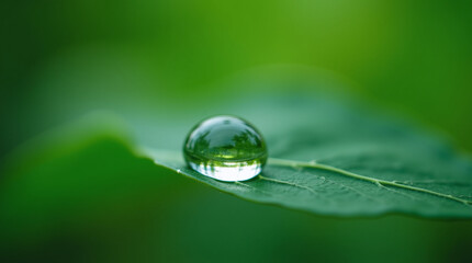 Photorealistic macro shot of a single clear water droplet resting on a vibrant green leaf, refracting the blurred background.
