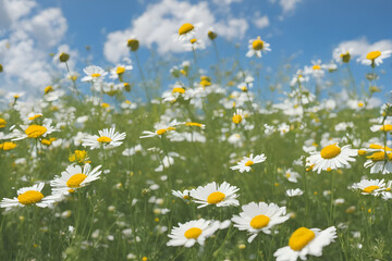 Fototapeta premium Chamomile flowers blooming across verdant meadow beneath soft cloudy sky, capturing serene landscape with gentle wildflower expanse and tranquil summer atmosphere