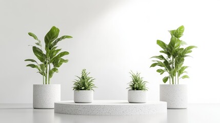 Fototapeta premium Plants on Pedestal Minimalist Greenery High-resolution Soft Lighting Centered Display Textured Pots Home Decor Bright White Modern Interior Design extra details included