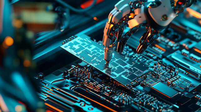 Mechanical arm placing circuit boards in testing machines in an electronics factory, inspection equipment and clean workspace visible, Electronics testing style