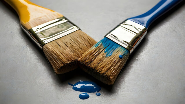 Paintbrushes are painting blue stripes splashes and smears of paint on a white background, creating a vibrant contrast and showcasing a creative painting process
