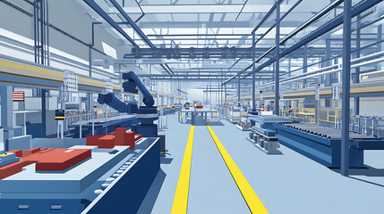 Mechanical arm placing components in a battery production plant, neatly arranged assembly stations and battery cells visible, Battery production style