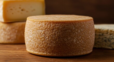Round cheese wheel on wooden surface with other cheese in background.