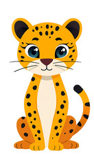 Cute cartoon leopard character sitting on transparent background, wild jungle animal for kids print  