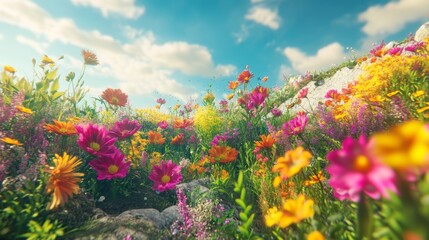 Dreamlike Landscape with a Mystical Garden have Vibrant Flowers and Glowing Nature meadow scenery. 