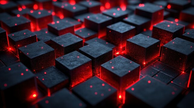 Abstract digital cubes with glowing red lights