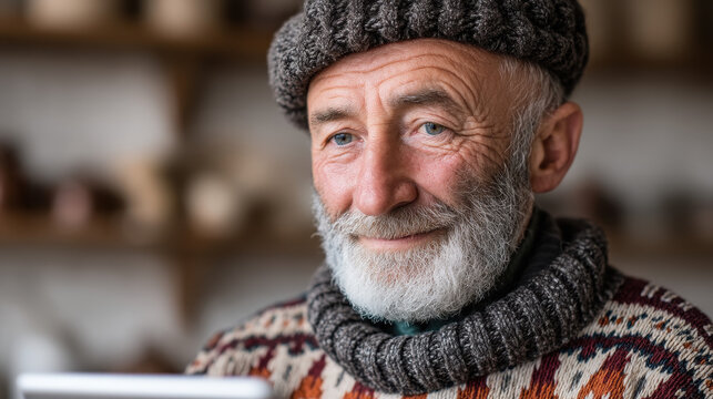 Elderly artisan showcases traditional craft patterns with a tablet in a cozy workshop setting