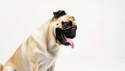 Playful pug in profile, isolated on pure white backdrop, adorable, motion, isolated