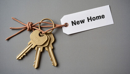 Set of vintage brass keys tied with a leather strap lying on a textured concrete surface next to a white paper tag labeled “New Home,” Buying Real Estate