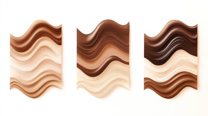 Three shades of foundation swirls, beauty product, white background, cosmetic texture