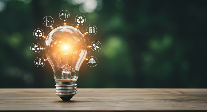 Business, technology, meeting, strategy  a glowing lightbulb surrounded by renewable energy icons on a wooden surface with green background