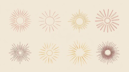 Eight sunburst designs, beige background, graphic design elements
