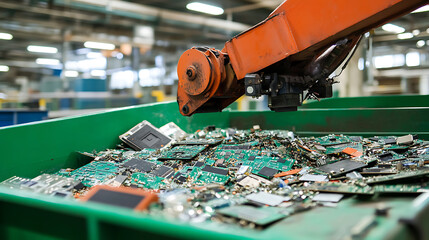 Mechanical arm processing electronic waste in a modern recycling plant, circuit boards sorted on bright trays, Green industry style