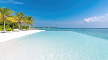 Fototapeta premium Infinity Pool Palm Trees Luxury Resort High-definition Vibrant Lighting Wide Landscape View Crystal Clear Water Relaxation Paradise Idyllic Turquoise Tropical Travel Brochure