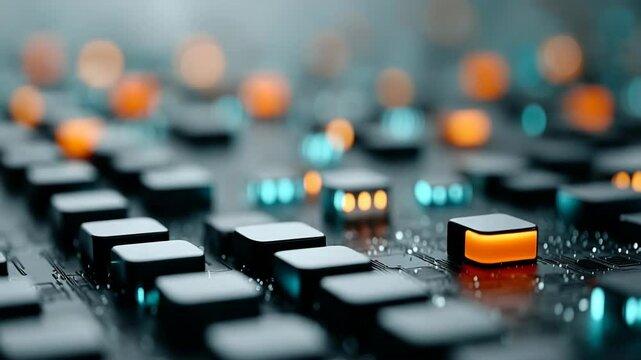Close-up view of rows of electronic components on a modern circuit board with an orange illuminated semiconductor highlighting digital technology