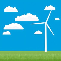 Fototapeta premium A vibrant scene depicting a wind turbine with white clouds against a bright blue sky. The lush green grass below adds to the feeling of sustainability and clean energy.