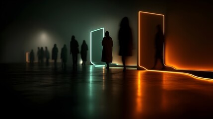 Silhouetted People Approaching Glowing Rectangular Doorways in the Dark